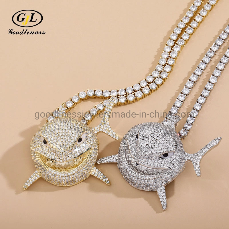 New Iced out Bling Full Cubic Zircon Shark Pendant Necklace Fashion Star Designer Hip Hop Jewelry