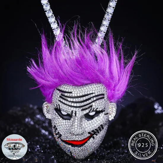 Fancy Purple Hair Guy Hip Hop Schmuck 925 Sterling Silber Pass Diamond Tester Vvs Moissanit Iced Out Clown Anhänger mit Kette