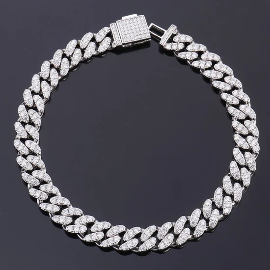 Rhodiniertes 6 mm 8 mm 7–9 Zoll großes 2-reihiges Moissanit-Kubanisches Gliederarmband aus Silber im Hiphop-Stil für Herren