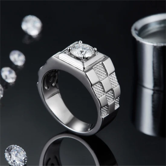 Luxuriöser Herren-Hochzeitsschmuck, weißvergoldet, 1 Karat Vvs-Moissanit-Diamant, Ewigkeits-Verlobungsring aus reinem Silber