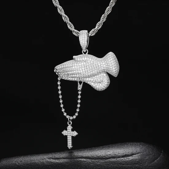 Schmuck Großhandel Hip Hop Kein Verblassen 925 Sterling Silber Vvs Moissanit Diamant Iced Pray Hand Anhänger mit Kreuz Charm